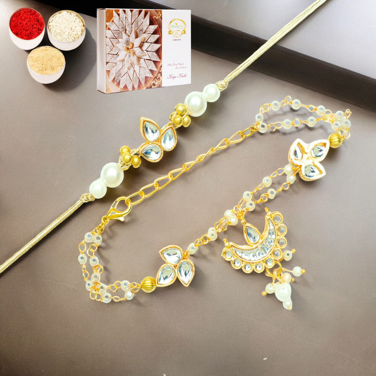 Rakhis Online USA-Rmj-8512 Bhaiya Bhabhi Rakhi with 200 gms of Kaju katli