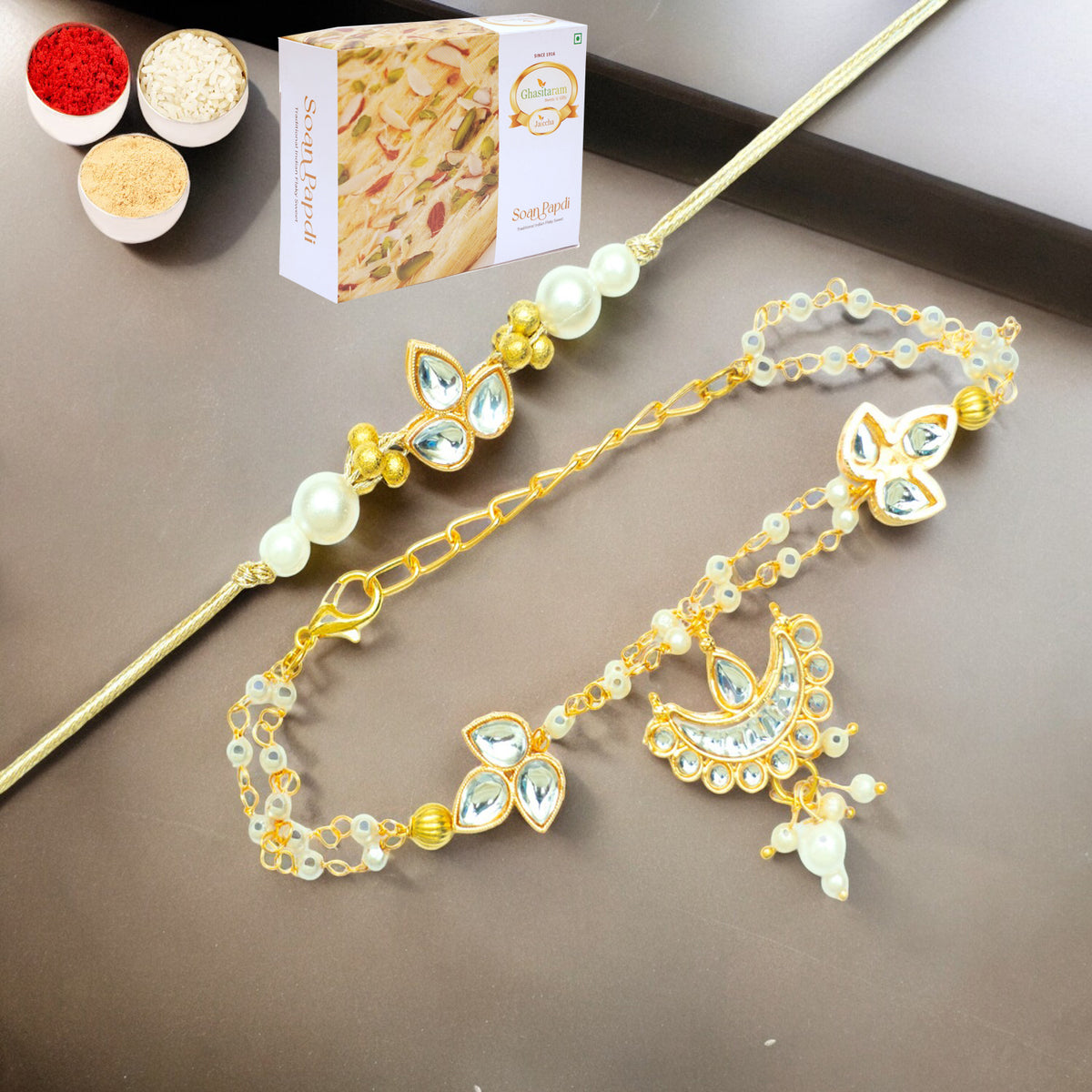 Rakhis Online Australia-Rmj-8512 Bhaiya Bhabhi Rakhi with 200 gms of Soan Papdi