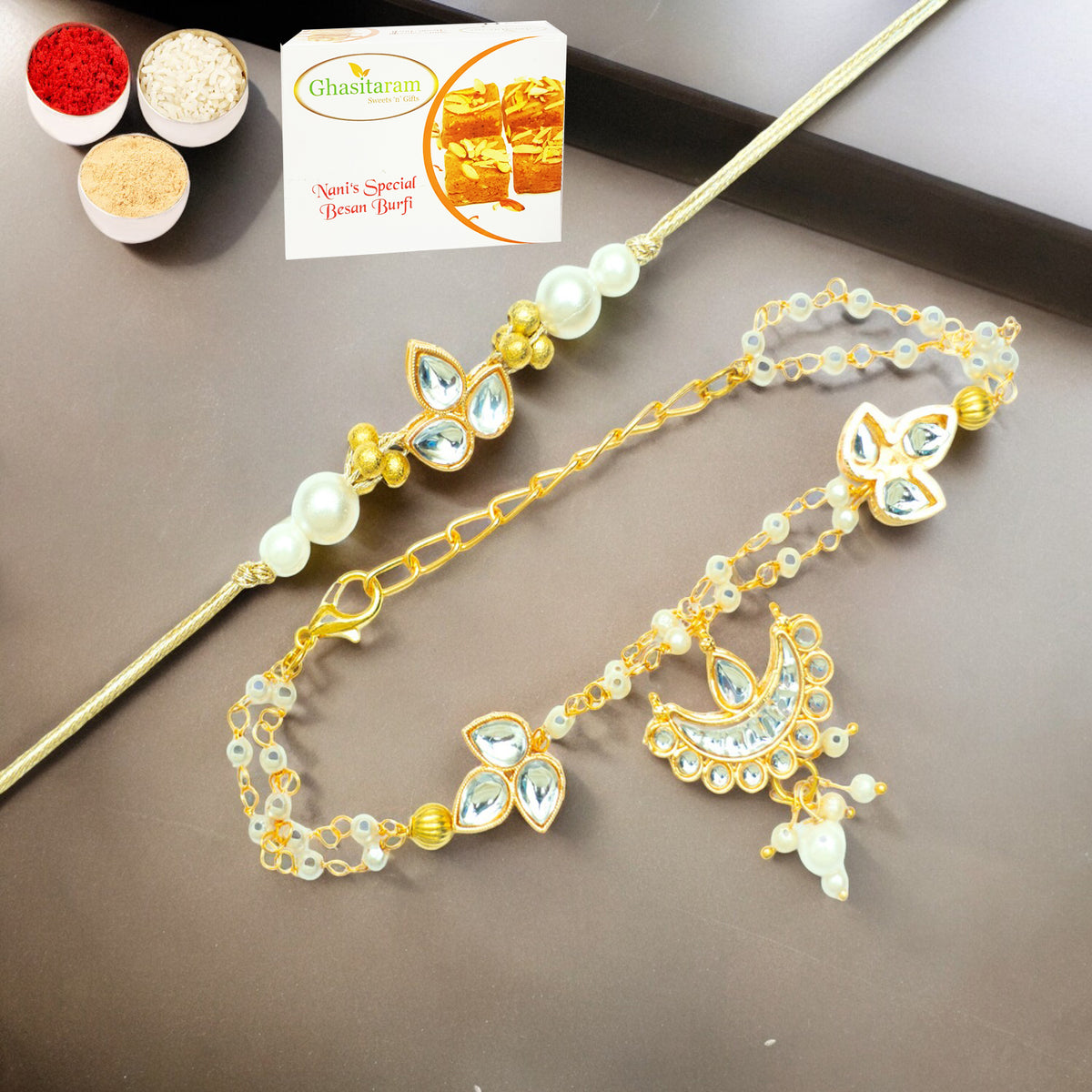 Rakhis Online USA-Rmj-8512 Bhaiya Bhabhi Rakhi with 200 gms of Besan Barfi
