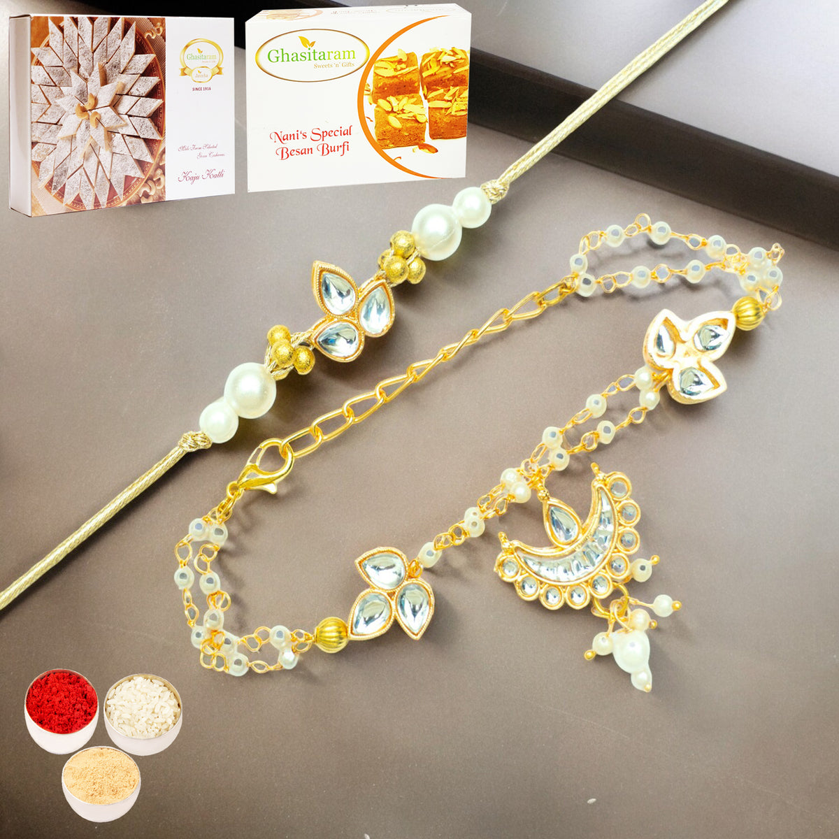 Rmj-8512 Bhaiya Bhabhi Rakhi with 200 gms of Besan Barfi and 200 gms of Kaju Katli