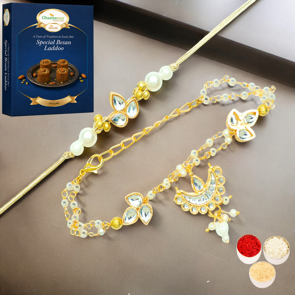 Rmj-8512 Bhaiya Bhabhi Rakhi with 200 gms of Besan Laddoo
