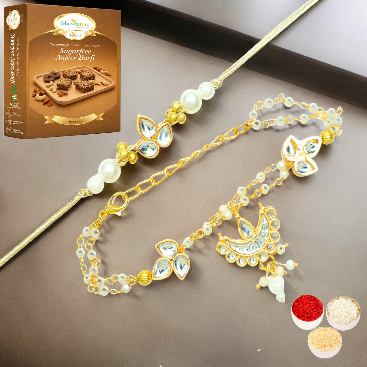 Rmj-8512 Bhaiya Bhabhi Rakhi with 200 gms of Sugarfree Anjeer Barfi