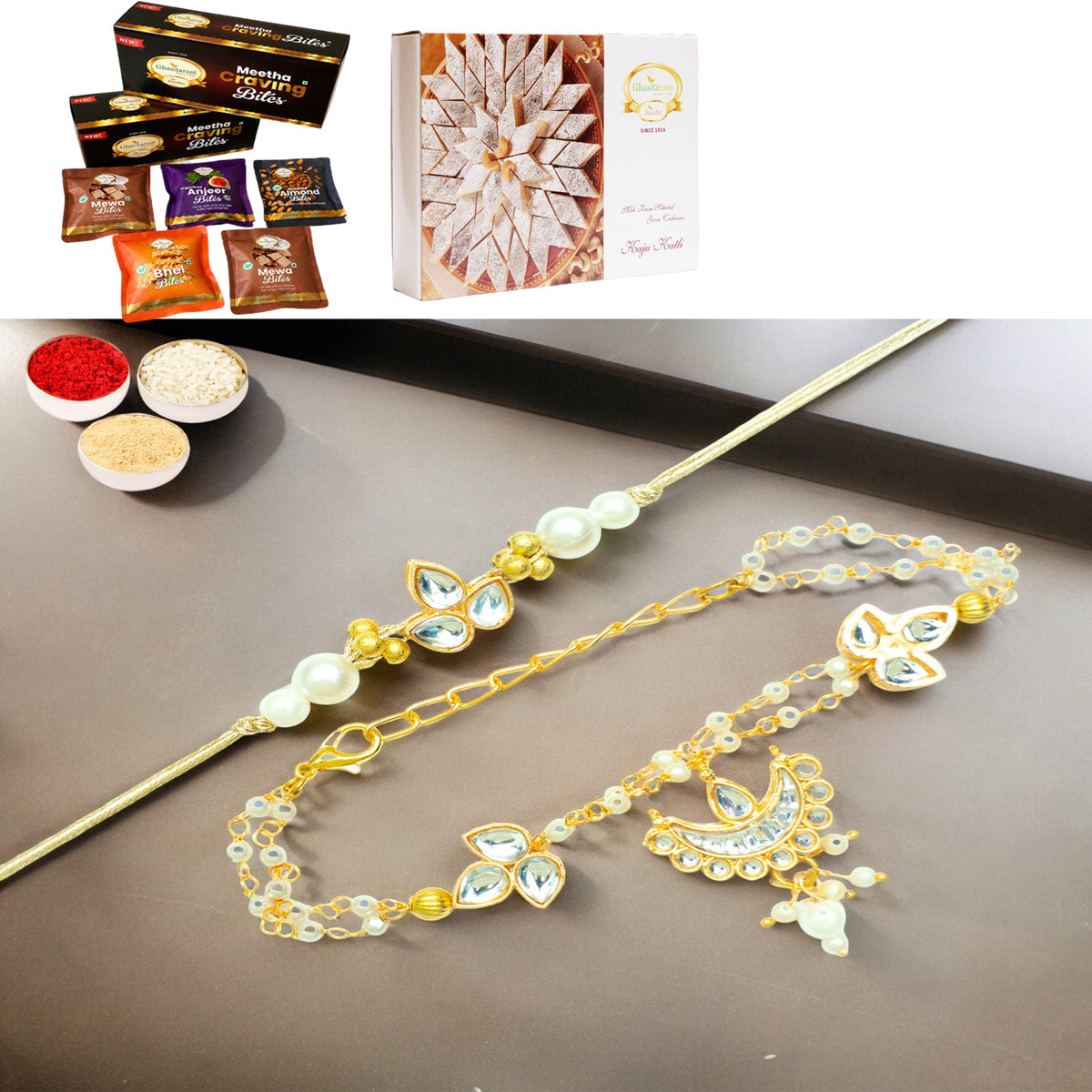 Rmj-8512 Bhaiya Bhabhi Rakhi with Asorted bites box and 200 gms of Kaju katli