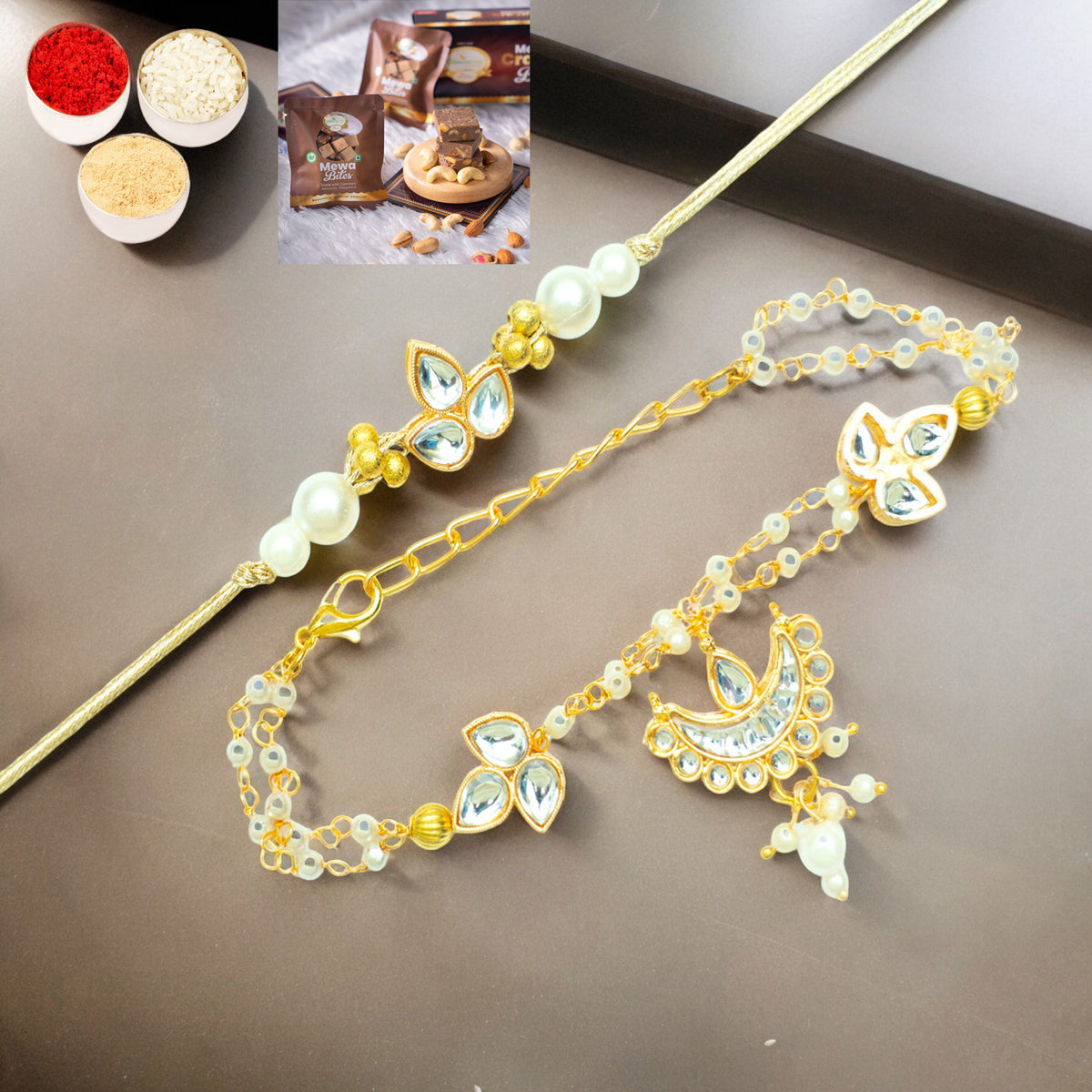 Rakhis Online USA-Rmj-8512 Bhaiya Bhabhi Rakhi with Mewa Bite Box