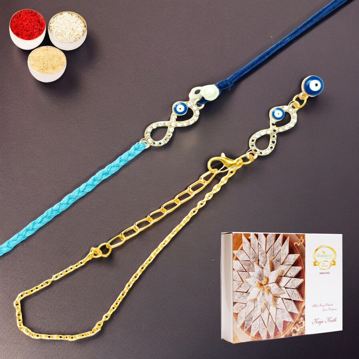 Rakhis Online USA-Rmj-6012 Evil Eye Bhaiya Bhabhi Rakhis with 200 gms of Kaju katli
