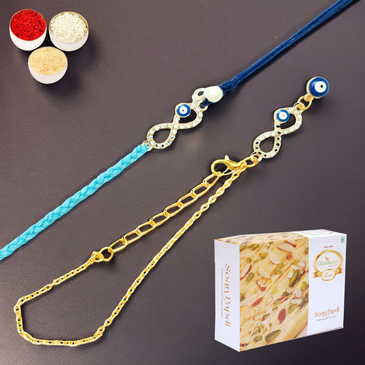 Rmj-6012 Evil Eye Bhaiya Bhabhi Rakhis with 400 gms of Soan Papdi