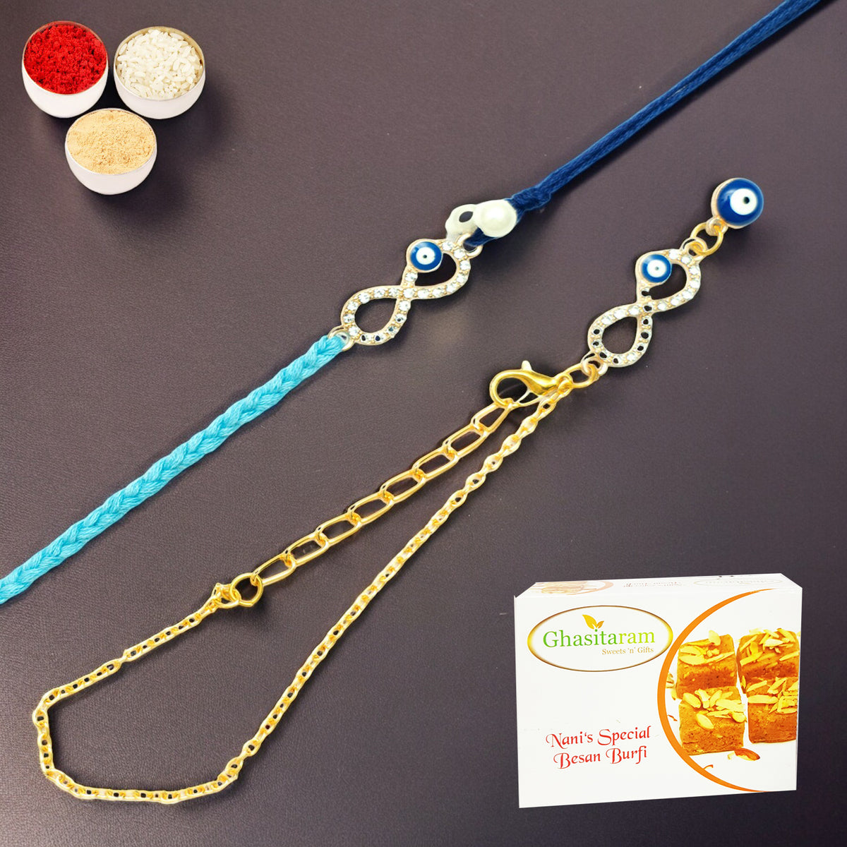 Rakhis Online USA-Rmj-6012 Evil Eye Bhaiya Bhabhi Rakhis with 200 gms of Besan Barfi