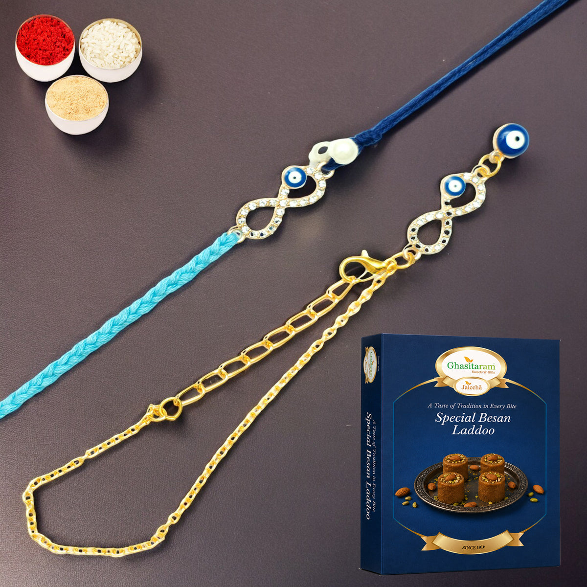 Rmj-6012 Evil Eye Bhaiya Bhabhi Rakhis with 200 gms of Besan Laddoo