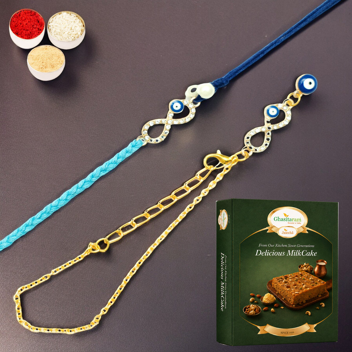 Rmj-6012 Evil Eye Bhaiya Bhabhi Rakhis with 200 gms of Milk Cake