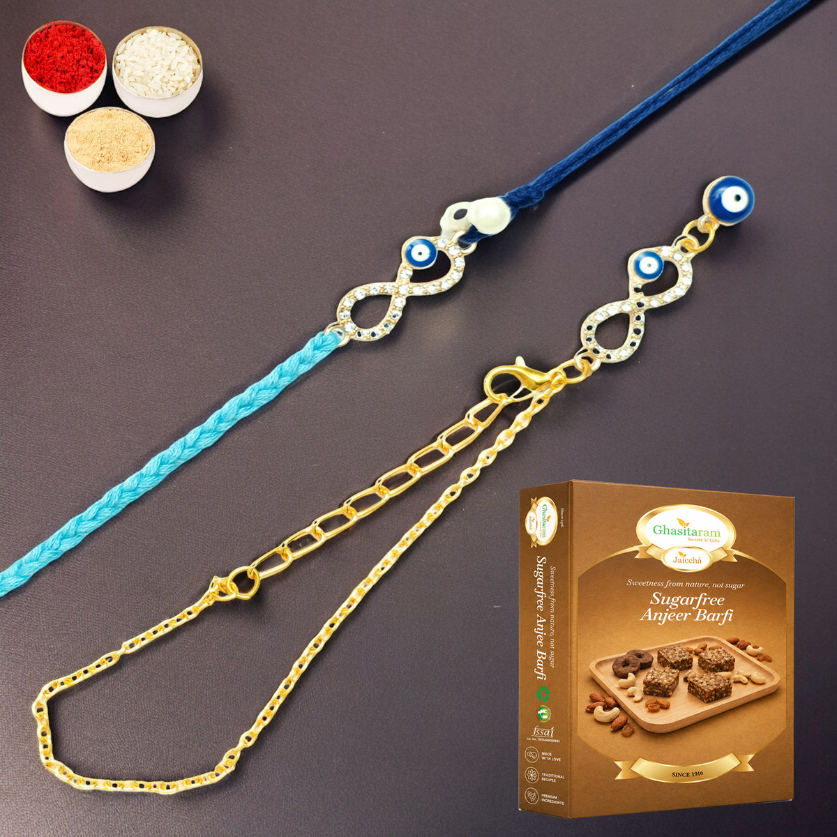Rmj-6012 Evil Eye Bhaiya Bhabhi Rakhis with 200 gms of Sugarfree Anjeer Barfi