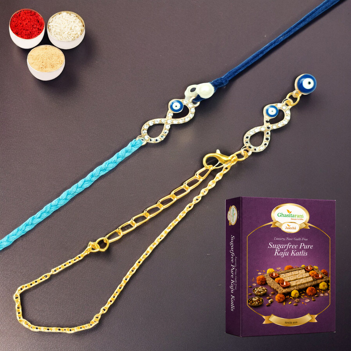 Rmj-6012 Evil Eye Bhaiya Bhabhi Rakhis with 200 gms of Sugarfree Kaju katli