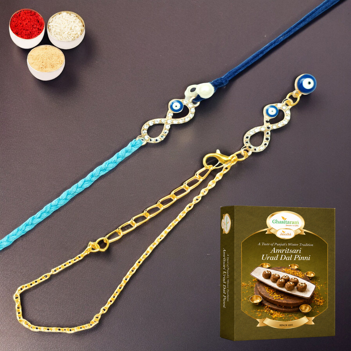 Rmj-6012 Evil Eye Bhaiya Bhabhi Rakhis with 200 gms of Pinni 