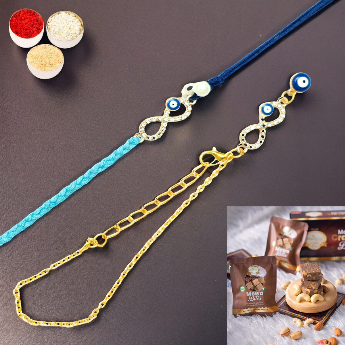 Rakhis Online UK- Rmj-6012 Evil Eye Bhaiya Bhabhi Rakhis with Mewa Bite Box