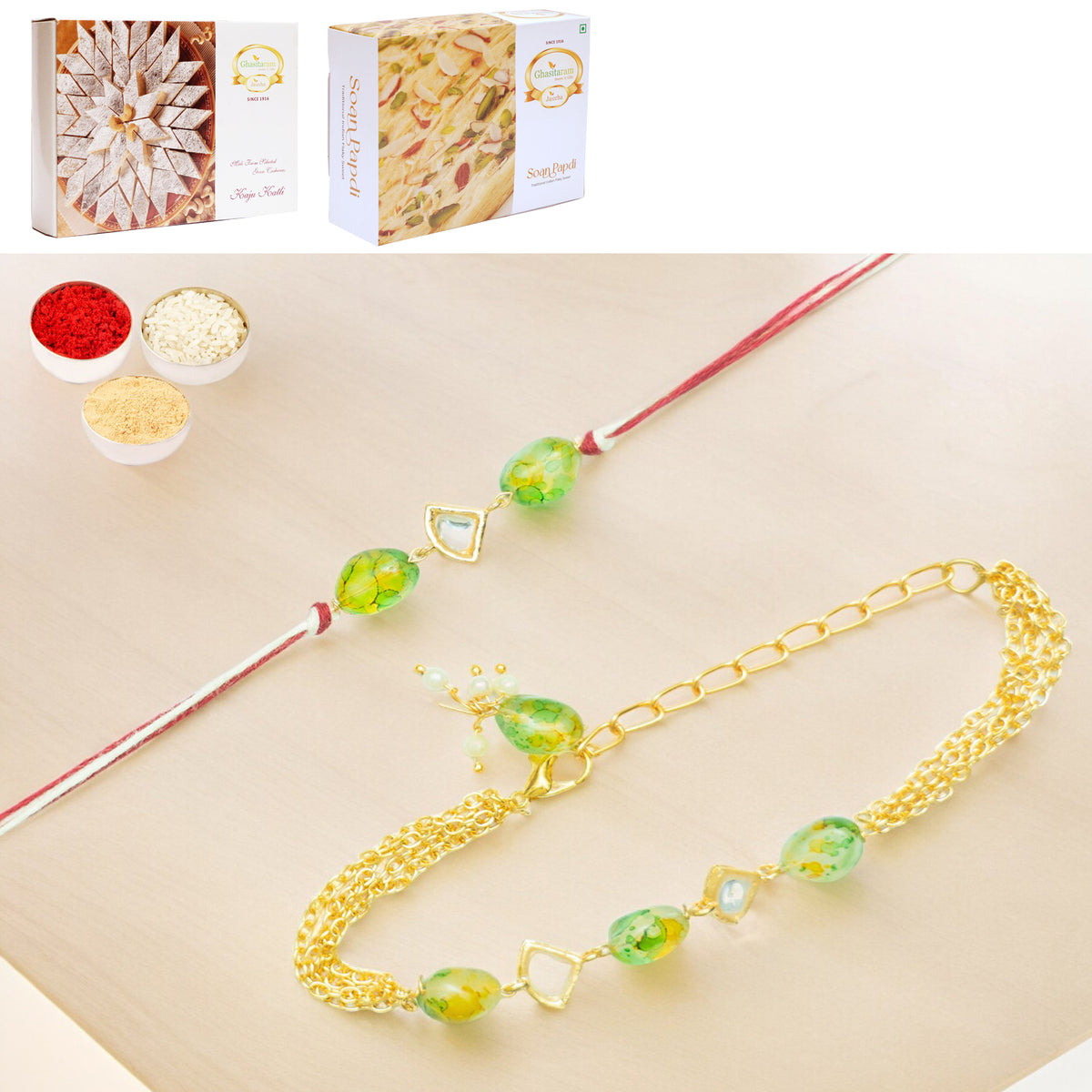 Rmj-4512 Green Bhaiya Bhabhi Rakhis with 200 gms of Kaju katli and 200 gms of Soan Papdi