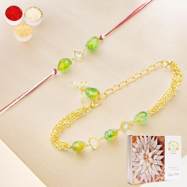 Rakhis Online USA-Rmj-4512 Green Bhaiya Bhabhi Rakhis with 200 gms of Kaju katli