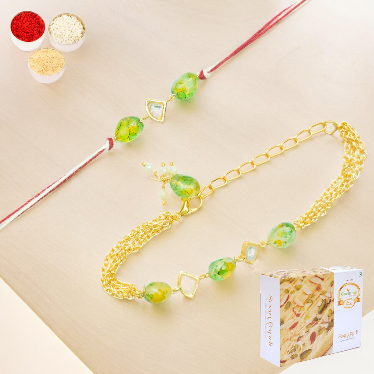 Rakhis Online USA-Rmj-4512 Green Bhaiya Bhabhi Rakhis with 200 gms of Soan Papdi