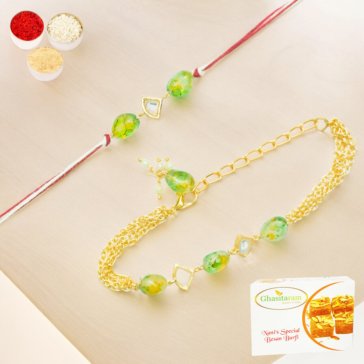 Rmj-4512 Green Bhaiya Bhabhi Rakhis with 400 gms of Besan Barfi
