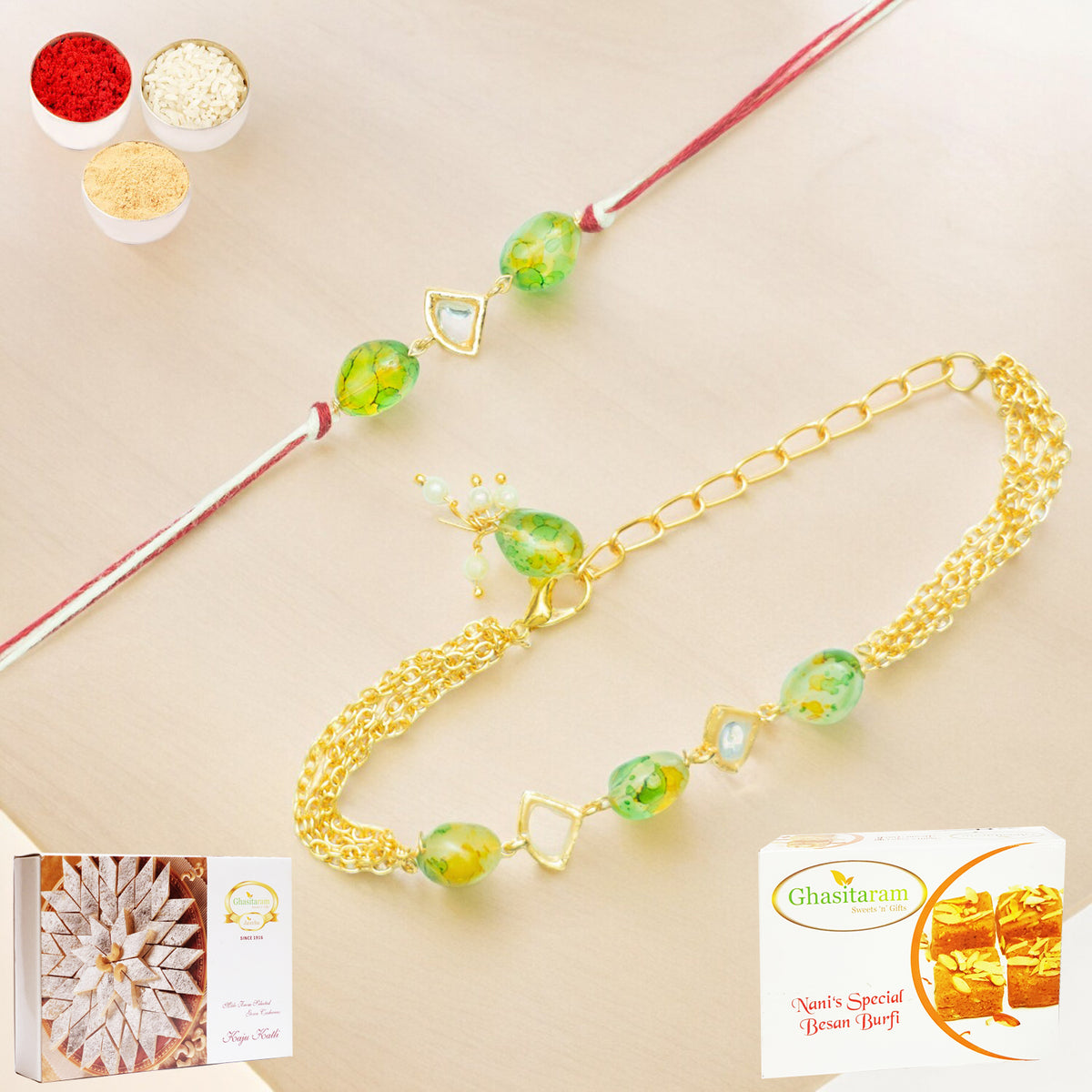 Rmj-4512 Green Bhaiya Bhabhi Rakhis with 200 gms of Besan Barfi and 200 gms of Kaju Katli