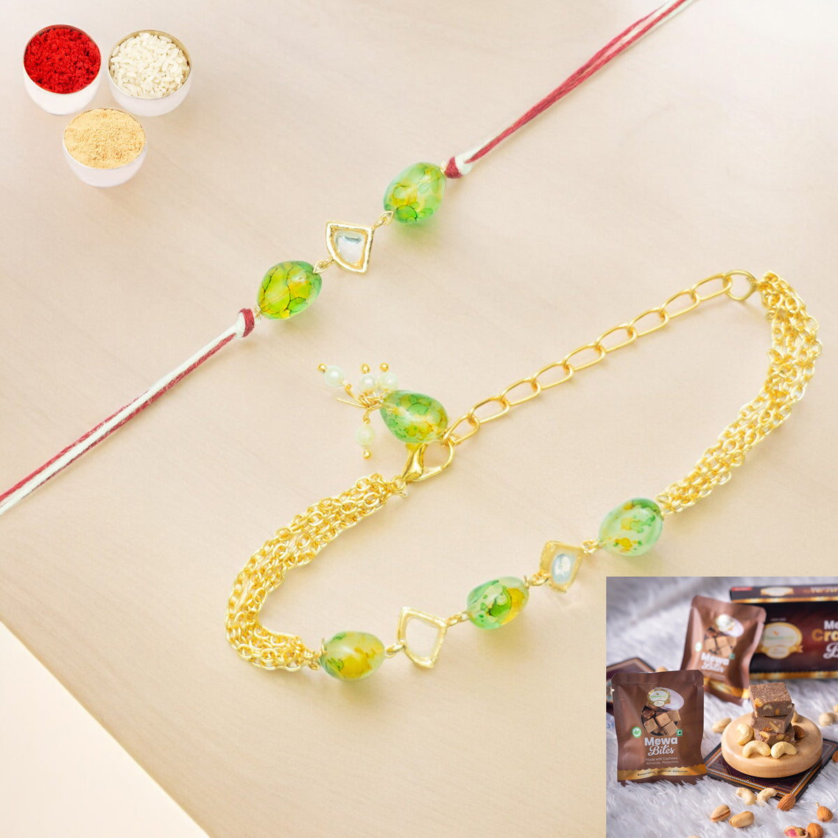 Rakhis Online UK- Rmj-4512 Green Bhaiya Bhabhi Rakhis with Mewa Bite Box