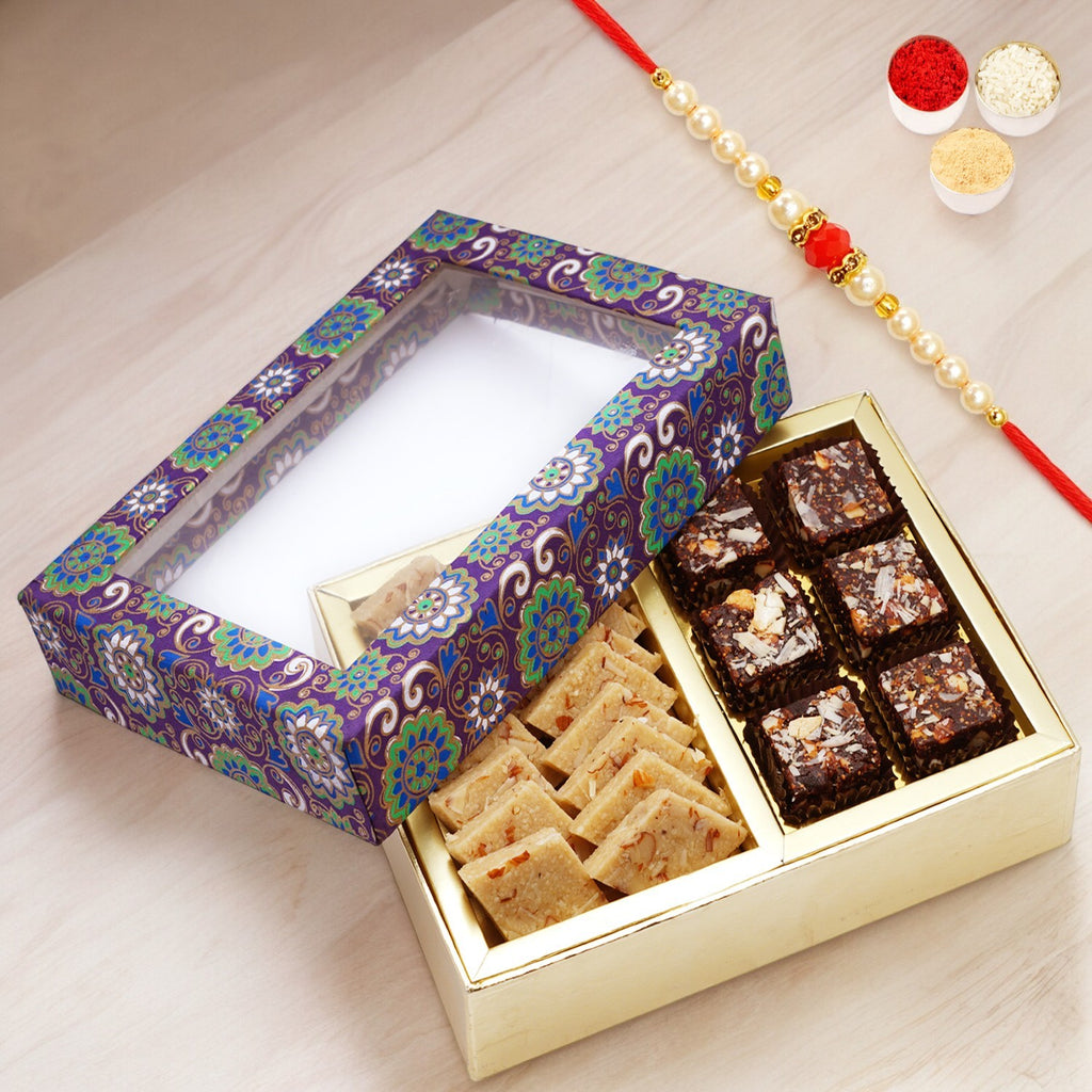 2 Part Printed Box of Bites and Kaju Katli with Pearl Beads Rakhi