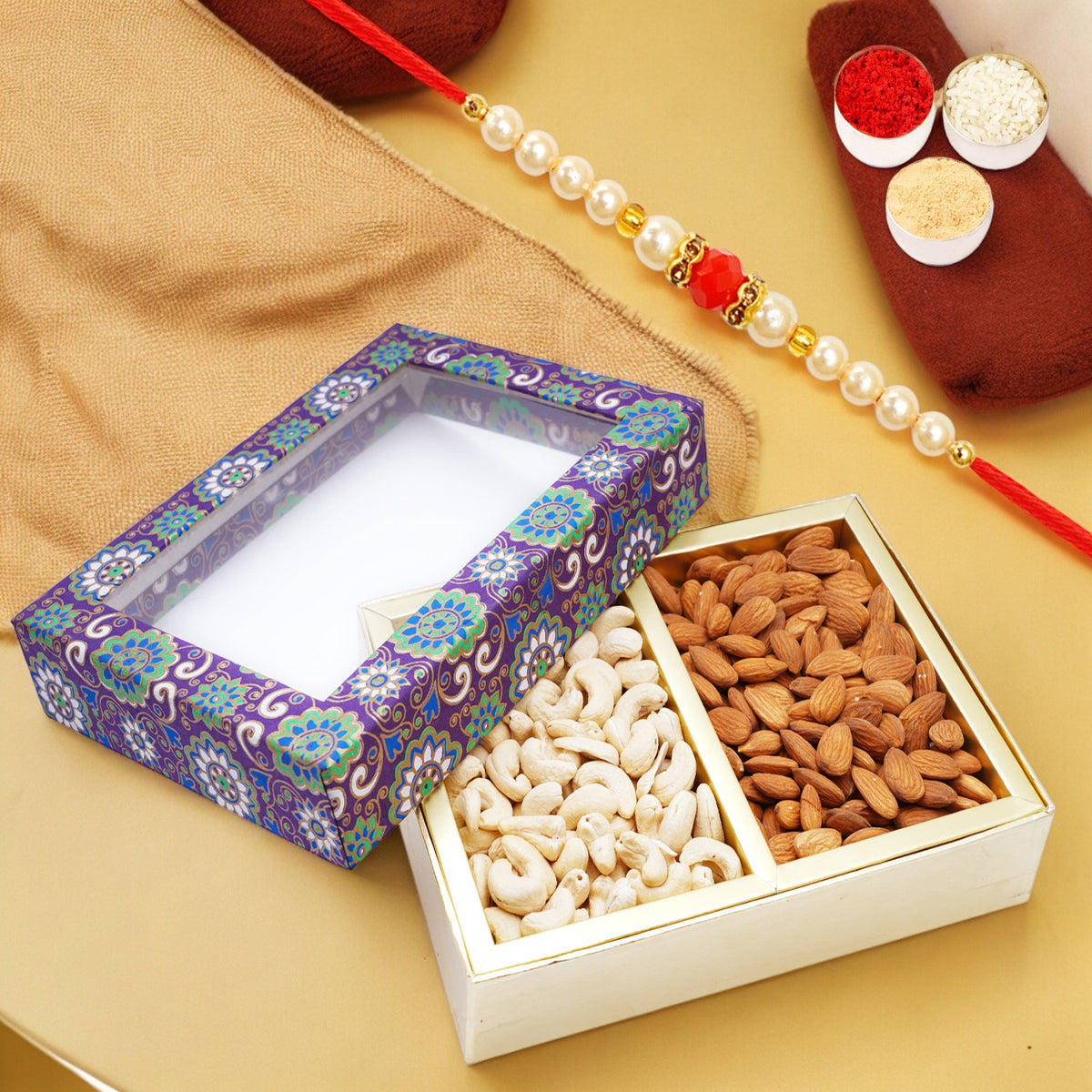 2 Part Printed Dryfruit Box of Cashews and Almonds with Pearl Beads Rakhi