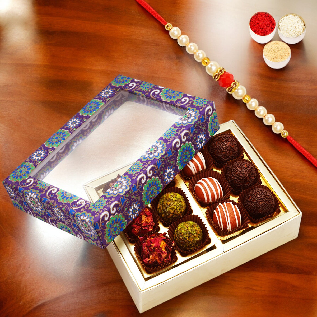 2 Part Printed Box of Exotic Sweets with Pearl Beads Rakhi