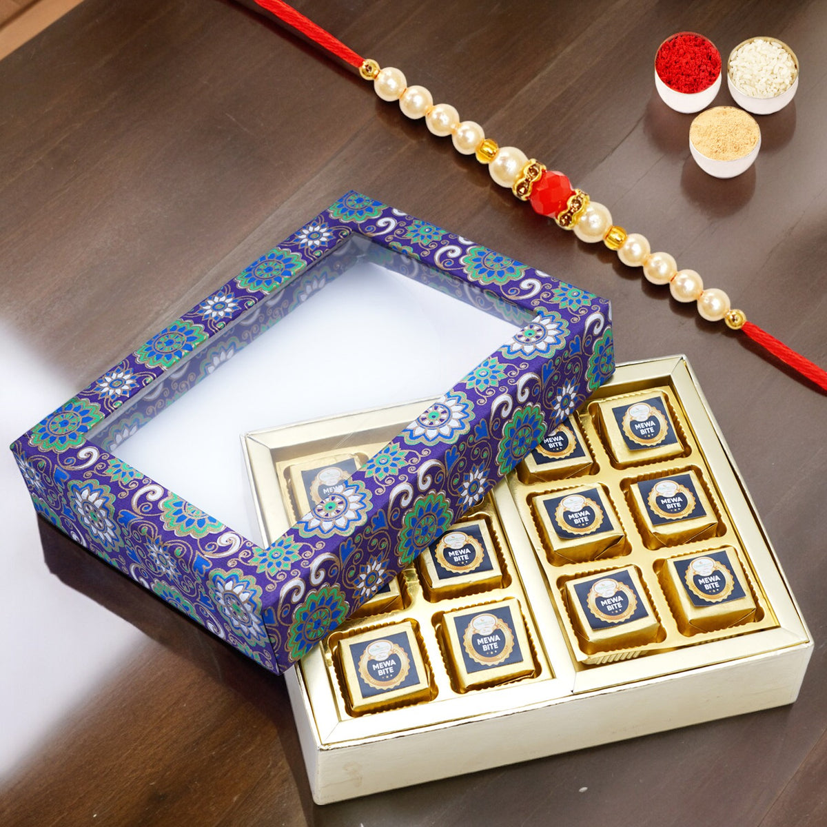 2 Part Printed Box of Mewa Bites with Pearl Beads Rakhi