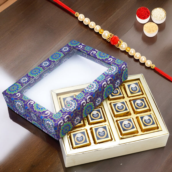 2 Part Printed Box of Mewa Bites with Pearl Beads Rakhi