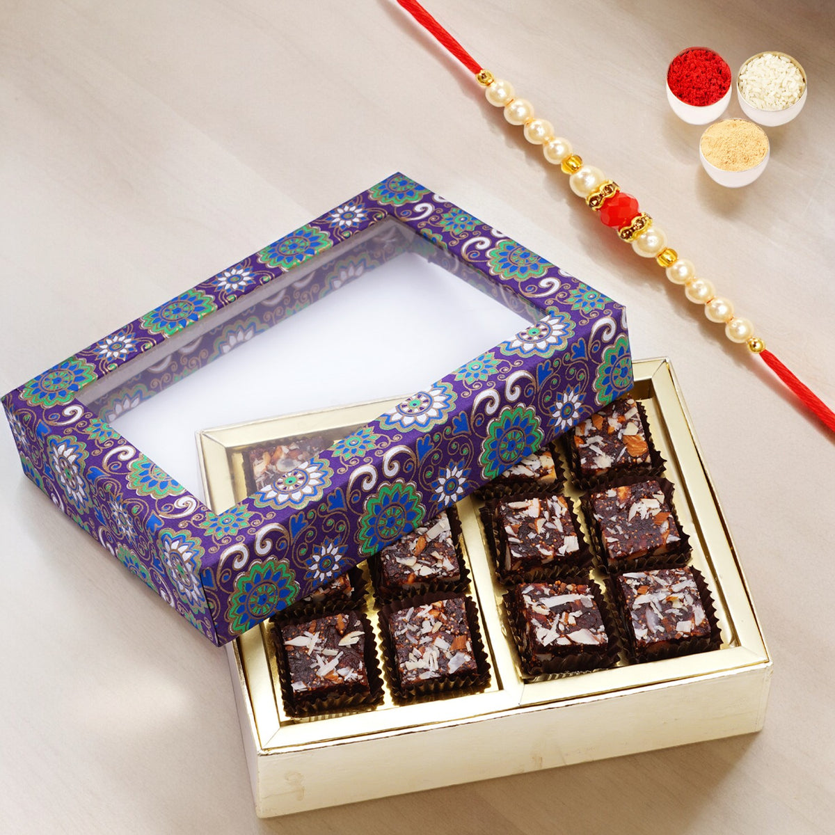 2 Part Printed Box of Sugarfree Anjeer Bites with Pearl Beads Rakhi
