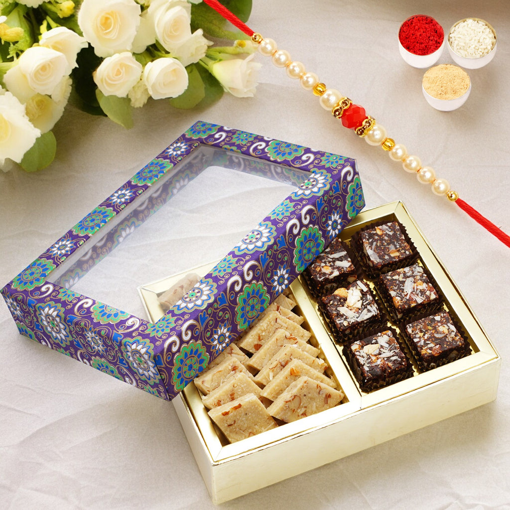 2 Part Printed Box of Sugarfree Bites and Sugarfree Kaju Katli with Pearl Beads Rakhi