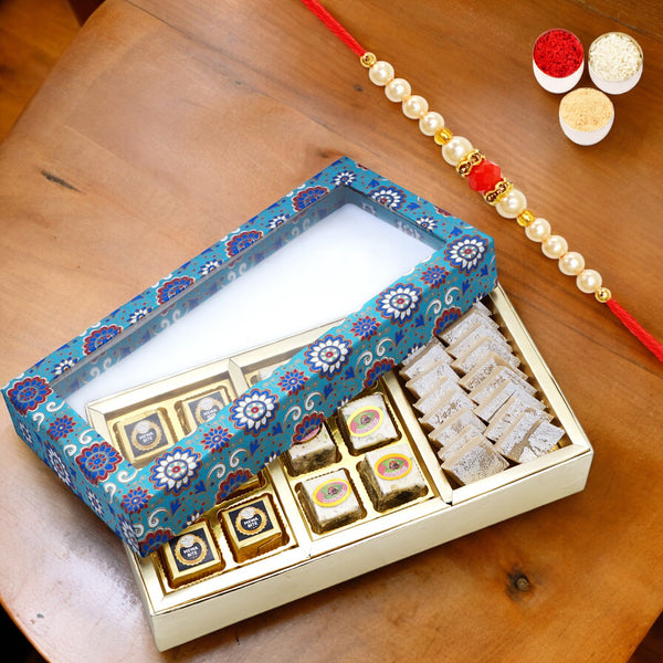 3 Part Printed Box of Bites and Kaju Katli with Pearl Beads Rakhi