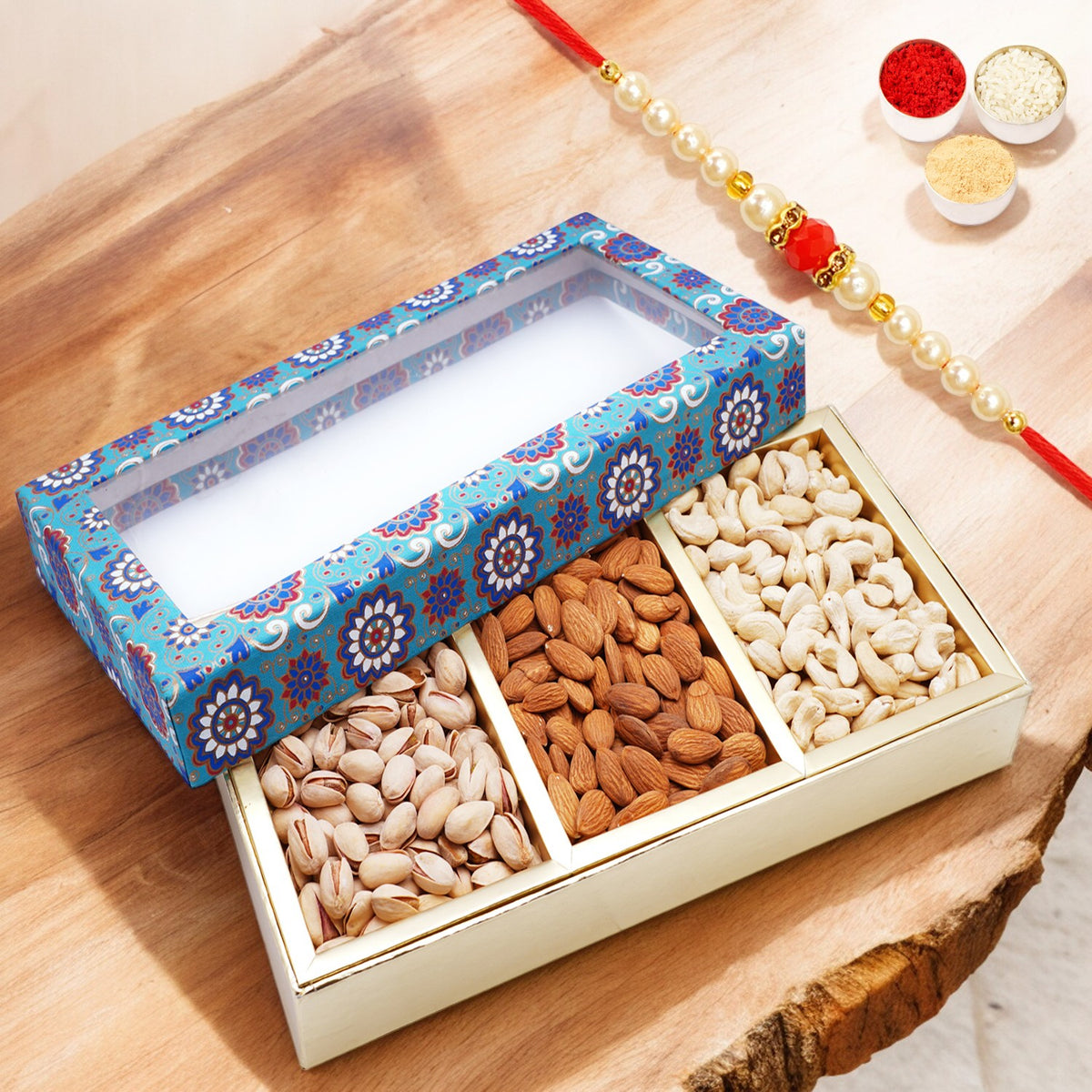 3 Part Printed Box of Cashews, Almonds and Pistachios with Pearl Beads Rakhi