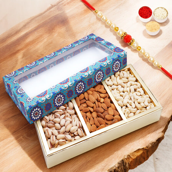 3 Part Printed Box of Cashews, Almonds and Pistachios with Pearl Beads Rakhi