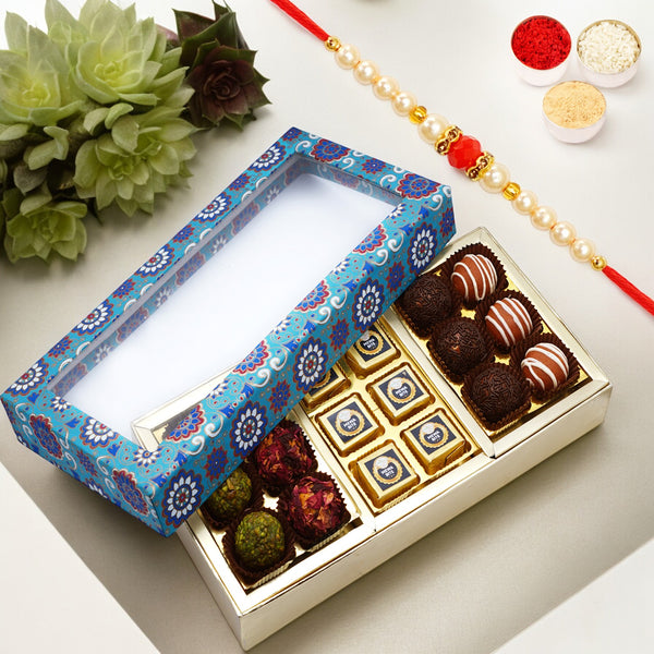 3 Part Printed Box of Exotic Sweets with Pearl Beads Rakhi