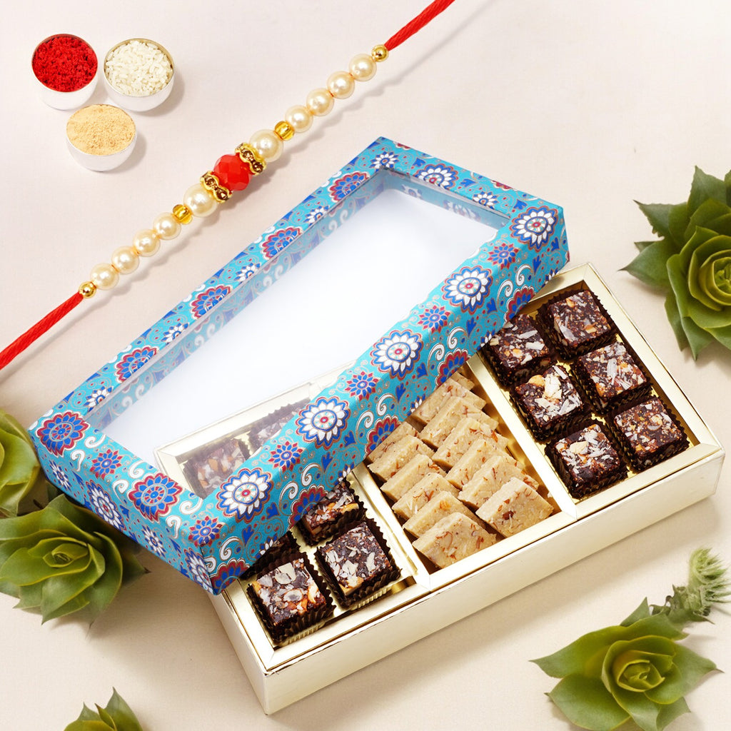 3 Part Printed Box of Sugarfree Anjeer Bites and Sugarfree Kaju Katli with Pearl Beads Rakhi