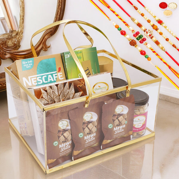 Acrylic Basket of11 Goodies with 5 Rakhis