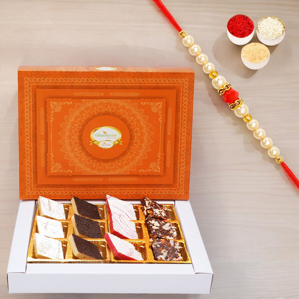 Assorted Kaju Katlis 12 pcs with Pearl Beads Rakhi