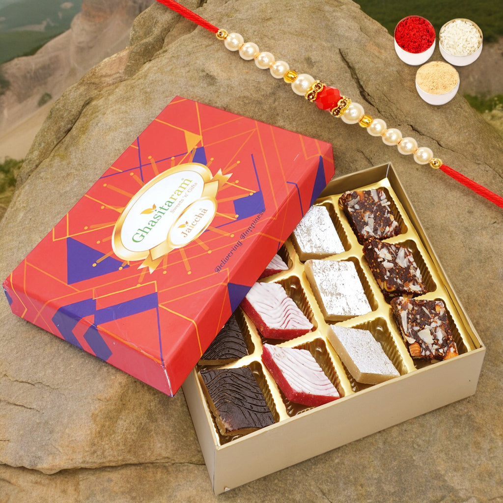 Assorted Kaju Katlis 12 pcs in Premium Box with Pearl Beads Rakhi