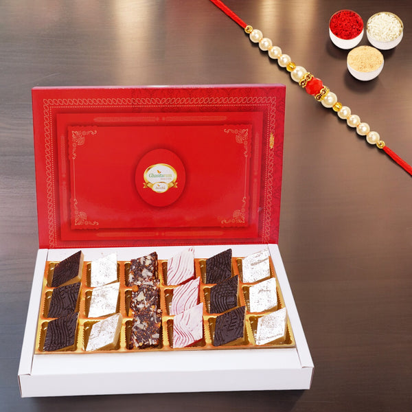 Assorted Kaju Katlis 18 pcs with Pearl Beads Rakhi