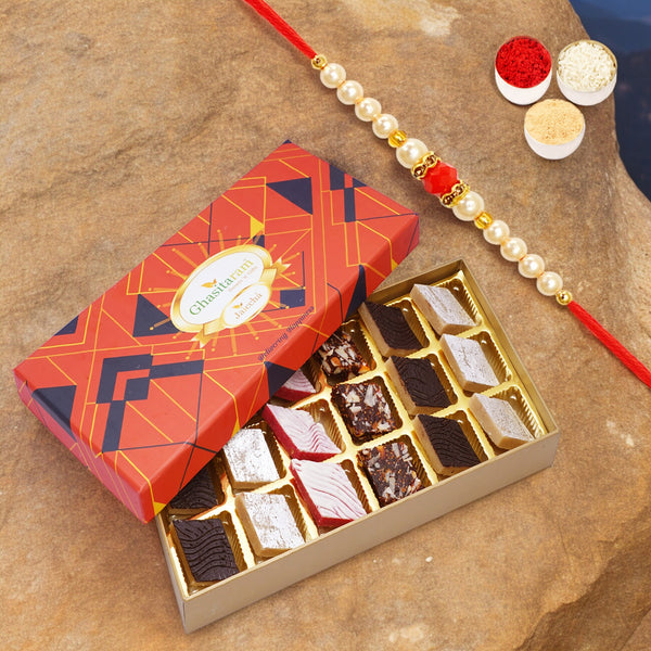 Assorted Kaju Katlis 18 pcs in Designer Box with Pearl Beads Rakhi