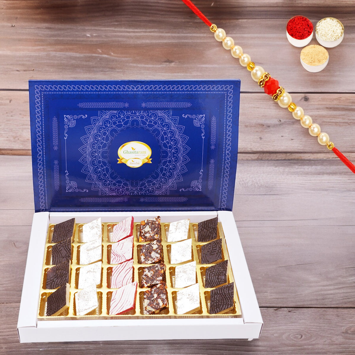 Assorted Kaju Katlis 24 pcs with Pearl Beads Rakhi