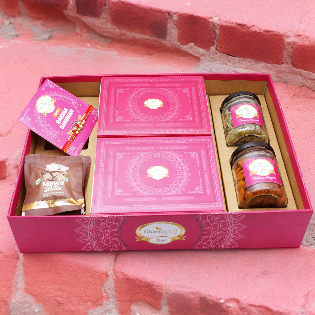 Ghasitaram Big Hamper Tray with Kaju Katli, Milk Cake, 2 rakhis, Card, Mixed Dryfruit, Paan Raisins Jar and Mewa Bites Pouches