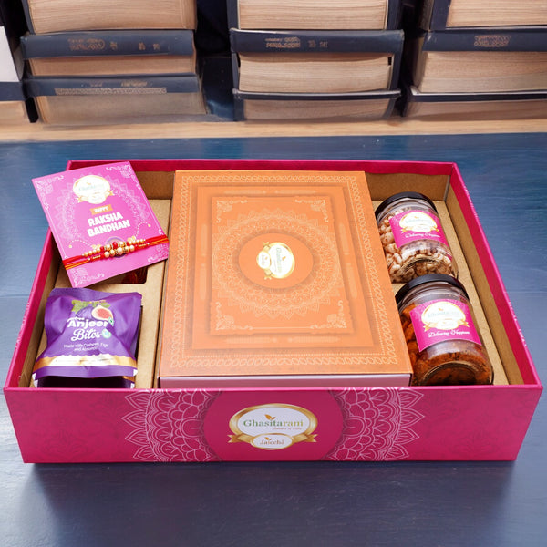 Ghasitaram Big Hamper Tray with Sugarfree Kaju Katli, 2 rakhis, Card,  Wheat Puffs, Anjeer Bites, and MIxed  Dryfruit Jar