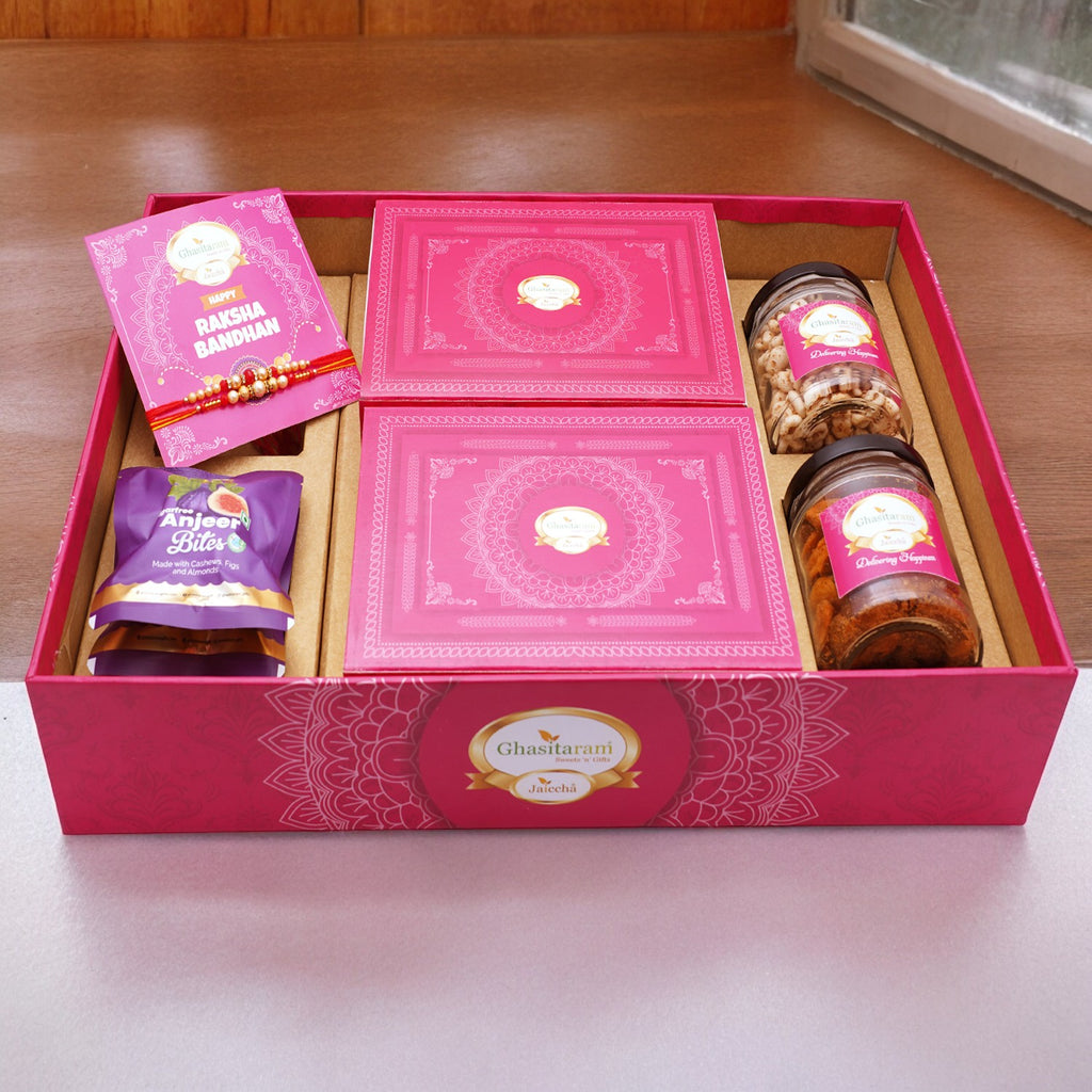 Ghasitaram Big Hamper Tray with Sugarfree Kaju Katli, Sugarfree Peda, 2 rakhis, Card,  Wheat Puffs, Anjeer Bites, and MIxed  Dryfruit Jar