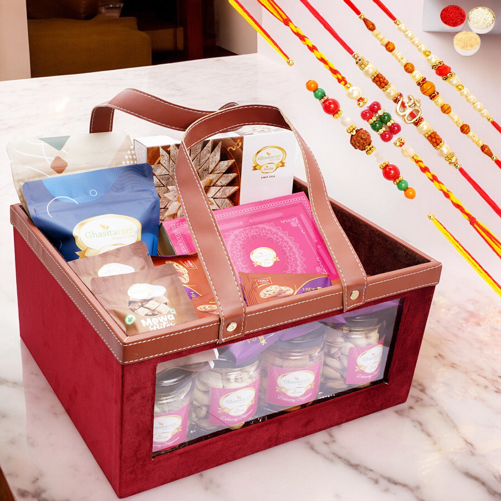 Big Velvet Basket of 23 Goodies with 5 Rakhis