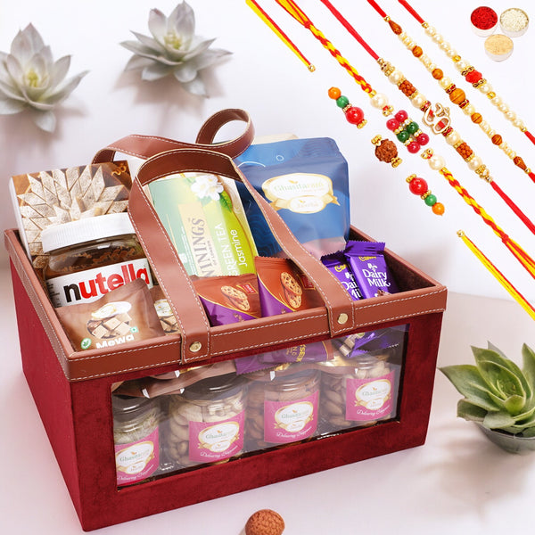 Big Velvet Basket of 26 Goodies with 5 Rakhis