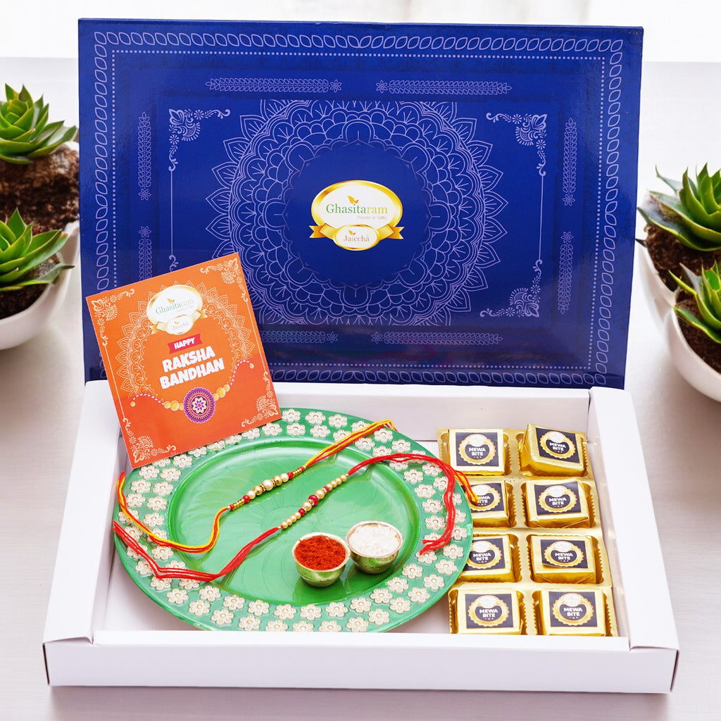 Big Blue Box with Metal Pooja Thali and Mewa Bites with 2 Rakhis