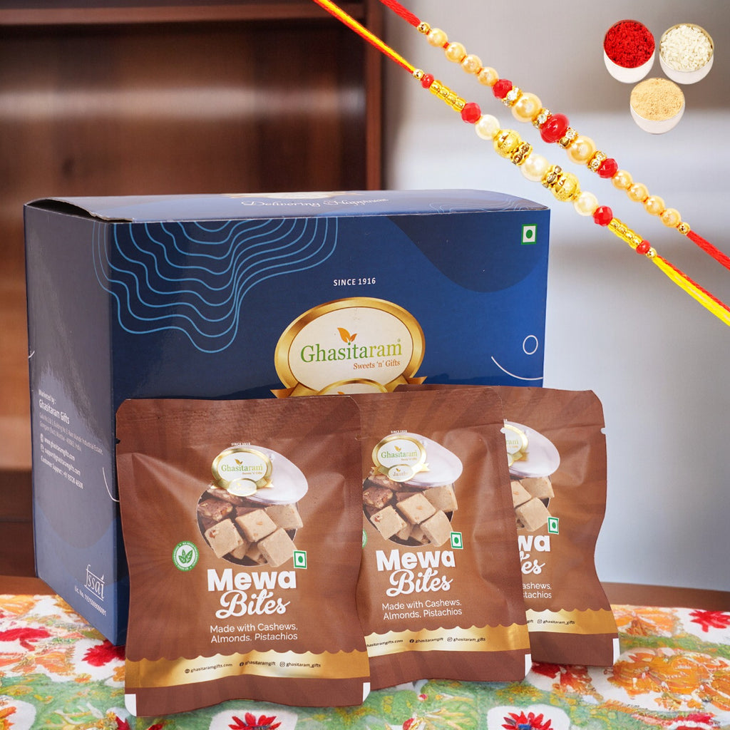 Blue box small with Mewa Bites, and Sugarfree Bites Pouches (30 pcs) with 2 Rakhis