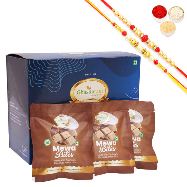 Blue box small with Mewa Bites, and Sugarfree Bites Pouches (15 pcs) with 2 Rakhis
