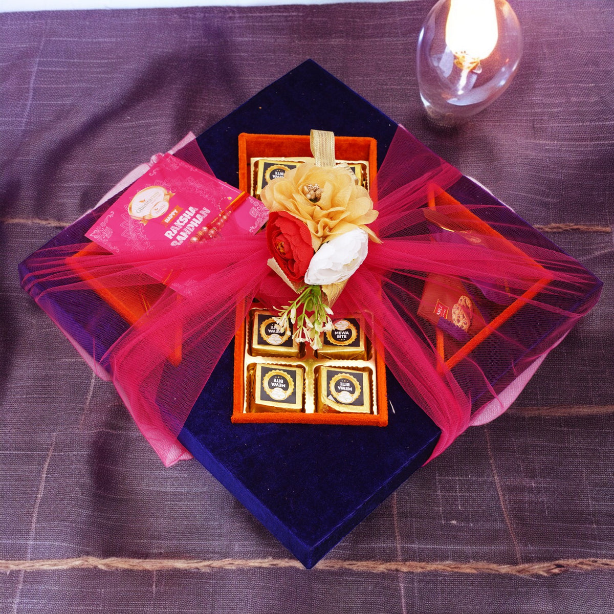 Blue Velvet Tray with Mewa Bites, 2 rakhis, Card and Cookies